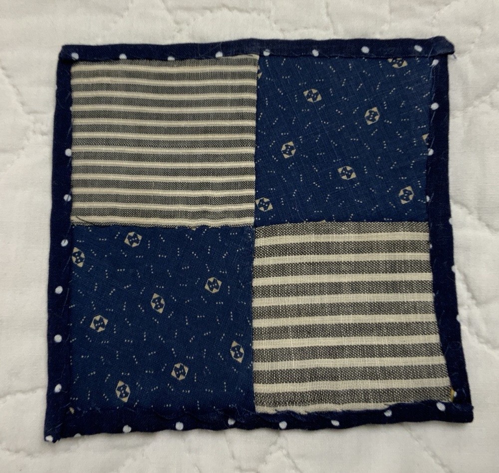 Vintage Patchwork Quilt Table Topper, Early Calicos, Four Patch, Blue, Multi