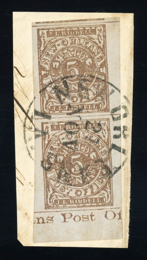 CSA #62X5, 5c New Orleans, USED, Impt. vert. PAIR w/ imprint & "27 Nov" postmark