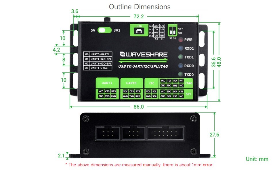 Waveshare USB To UART/I2C/SPI/JTAG Converter Support Multiple Interfaces 3.3V/5V