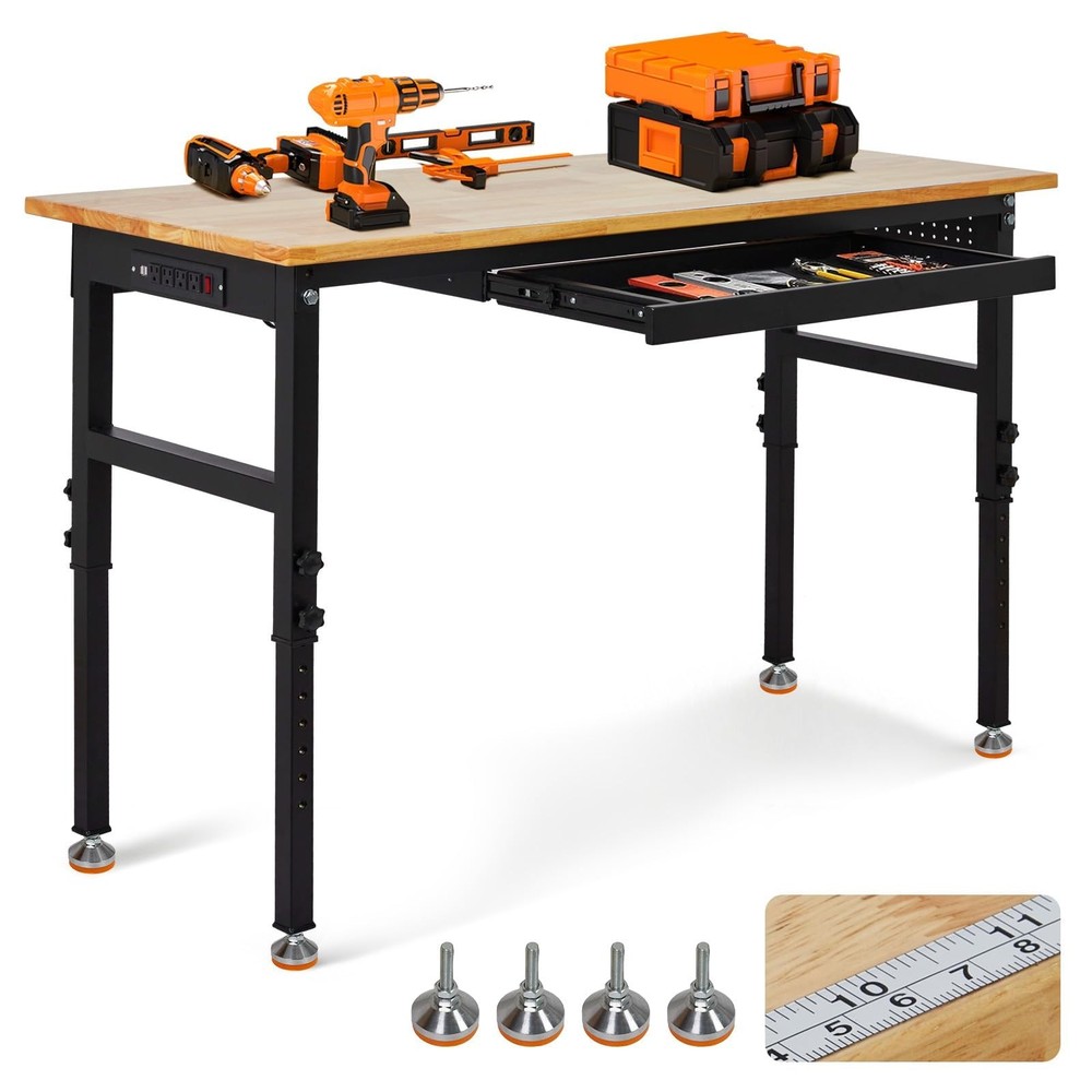 60" Adjustable Workbench w/Drawer & Power Outlets, 2000Lbs Work Table for Garage