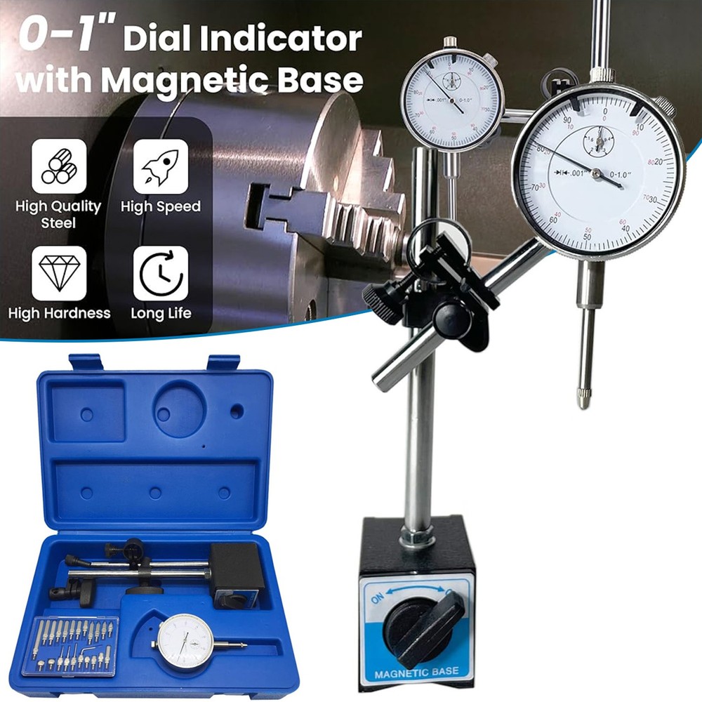 Precision Dial Indicator with Magnetic Base Holder Fine Adjustable Long 0.01"