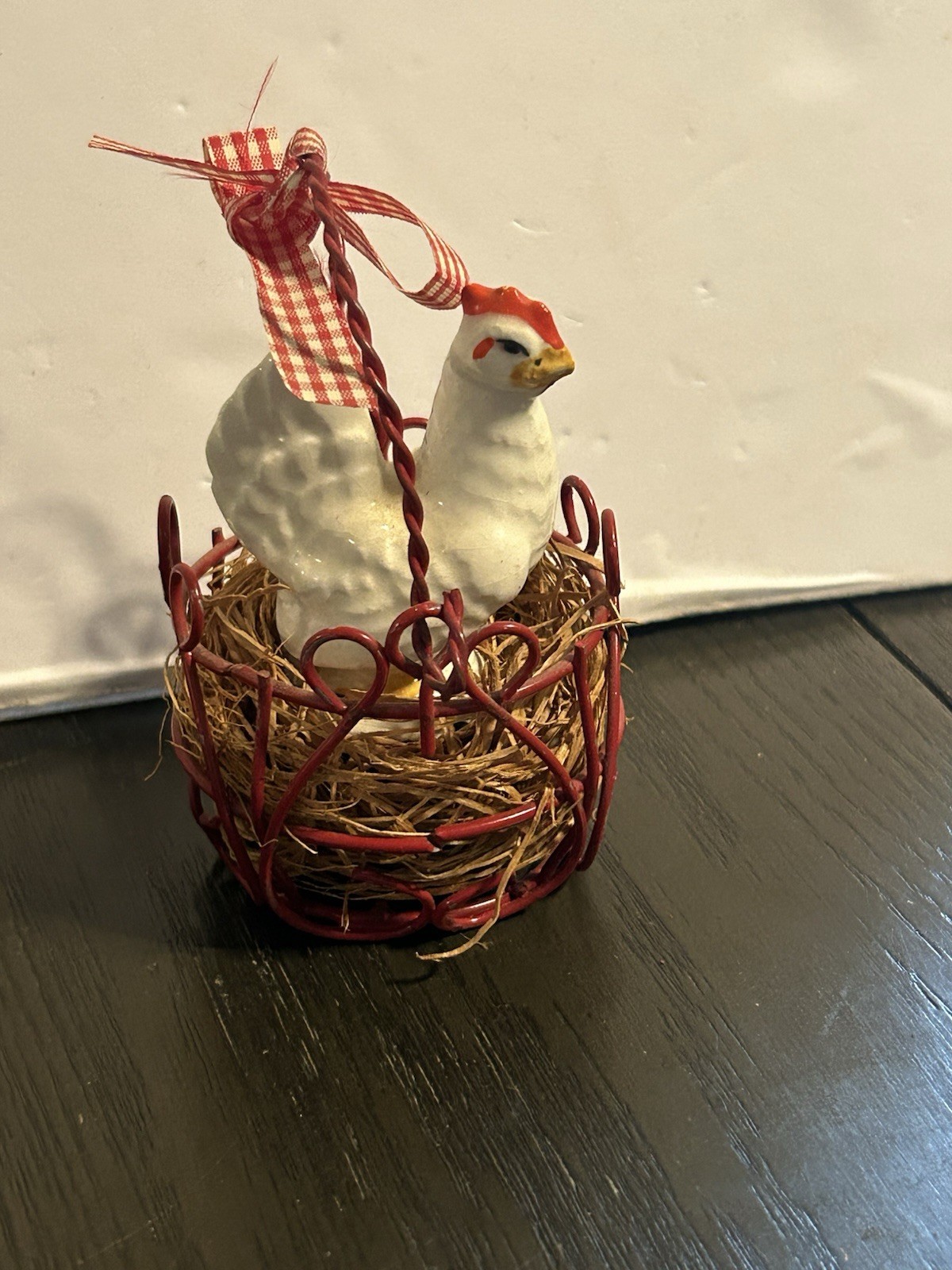 Vintage Gray And Blue Hen On A Nest•Porcelain Chicken On Nest In Wire Basket•EUC