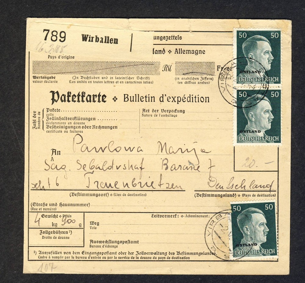 Lithuania 1944 Parcel Card signed by Klickow