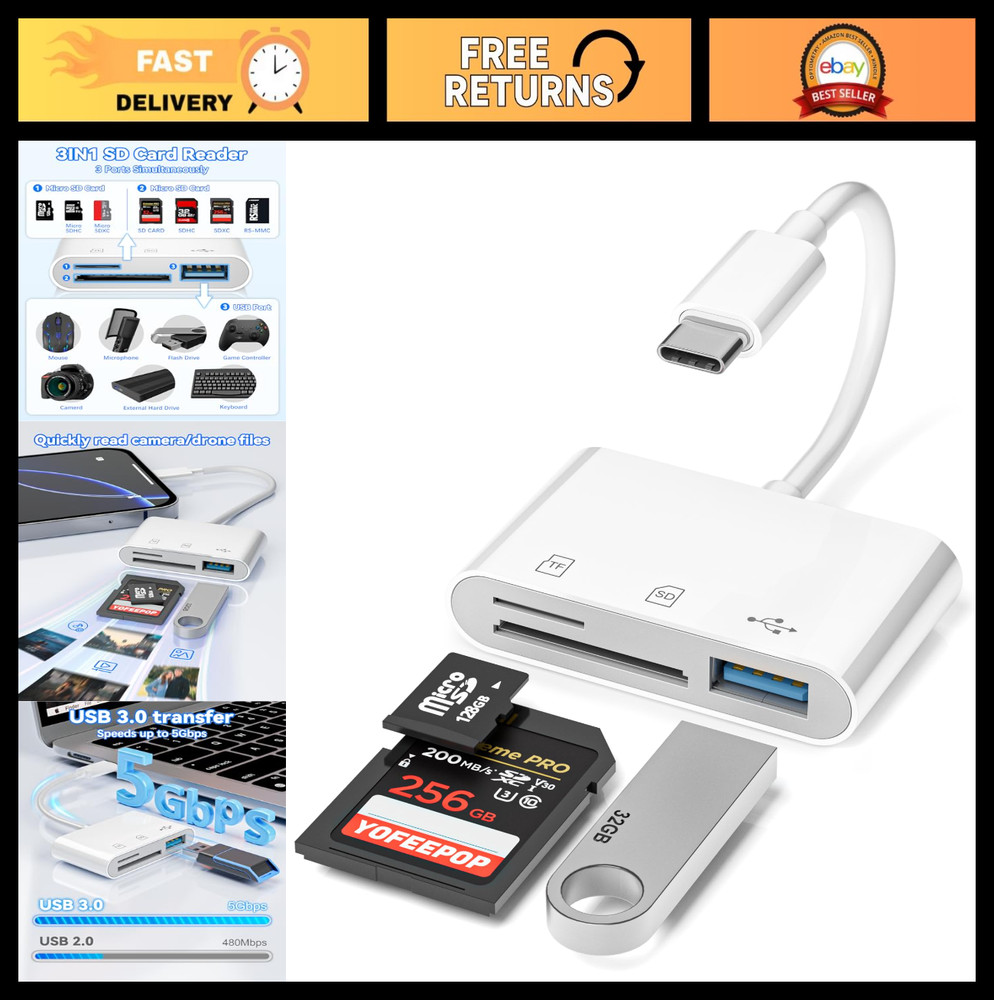 USB 3.0 Type C SD Card Reader Adapter, Compatible with iPhone & Android Devices