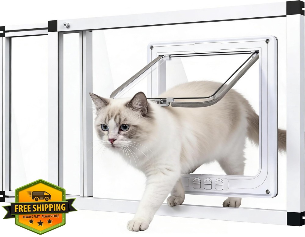 Cat Door for Window 22-28.5" Adjustable 4 Lock Modes