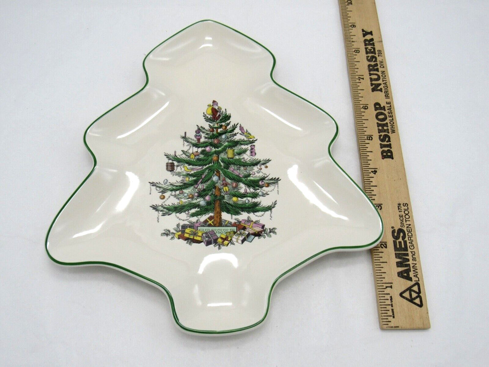Spode Christmas Tree Shaped Candy Nut Dish Plate Green Trim 9"