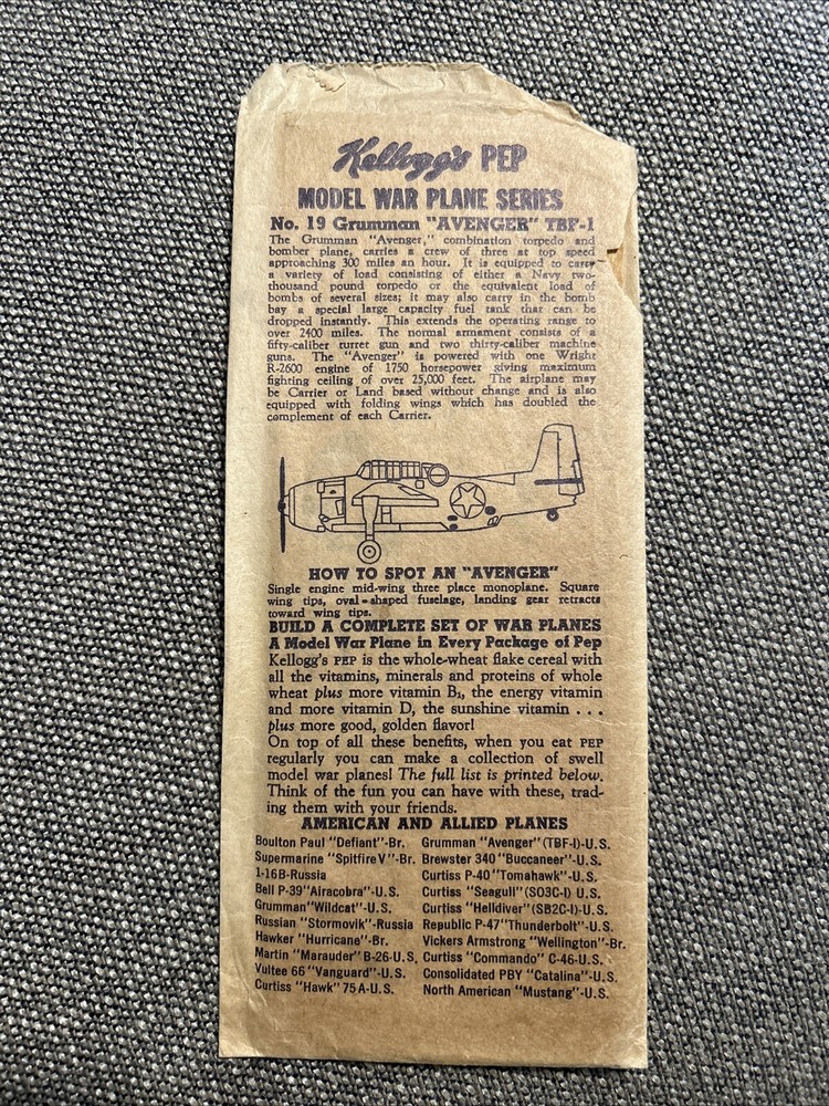 WWII Kelloggs Pep Model War Plane, Grumman Avenger