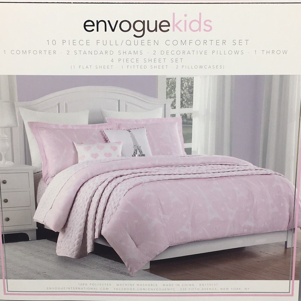 10pc Envogue Paris FULL Comforter Sheet Pillow Set Eiffel Tower Heart Sequins