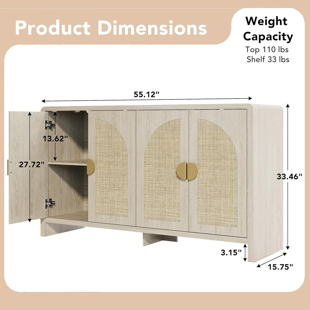 Boho Rattan Sideboard Buffet Cabinet with Adjustable Shelves, 55" Console Table