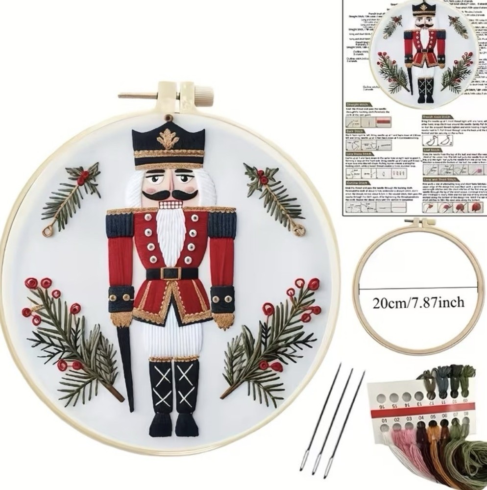 Nutcracker Soldier Embroidery Kit 7.87” Incl Thread, Hoop, Needles