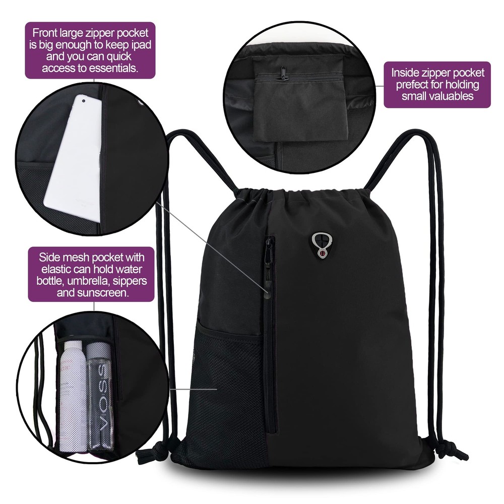 BeeGreen Black Drawstring Backpack Gym Bag For Men Women String Large,