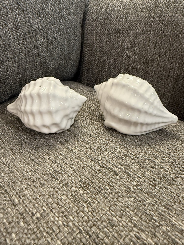 White Seashells Salt and Pepper Shaker Set White Ceramic
