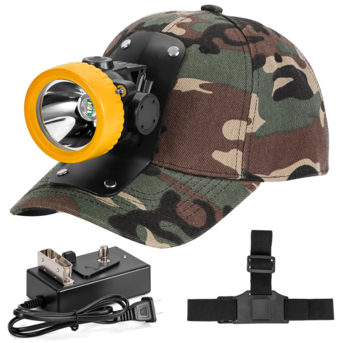 Linterna frontal minera LED ultrabrillante recargable impermeable con casco camu