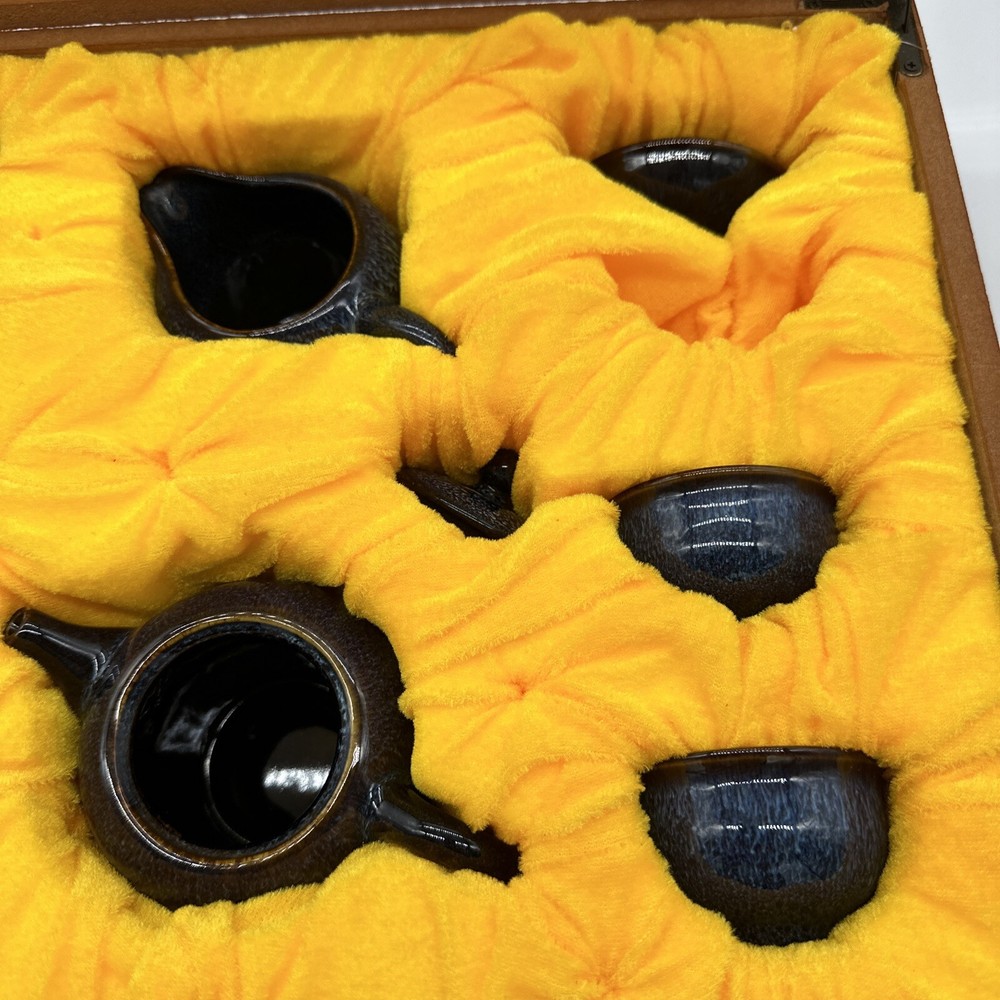 Tenmoku Tea Set - Blue - Missing One Cup