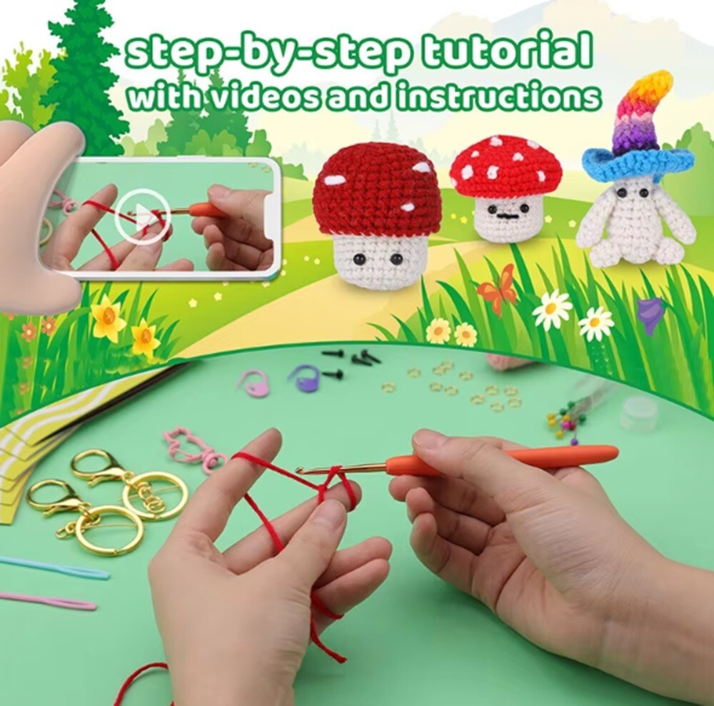 6 -Pack Colorful Mushroom Beginner Crochet Kit – DIY Craft with Video Tutorials