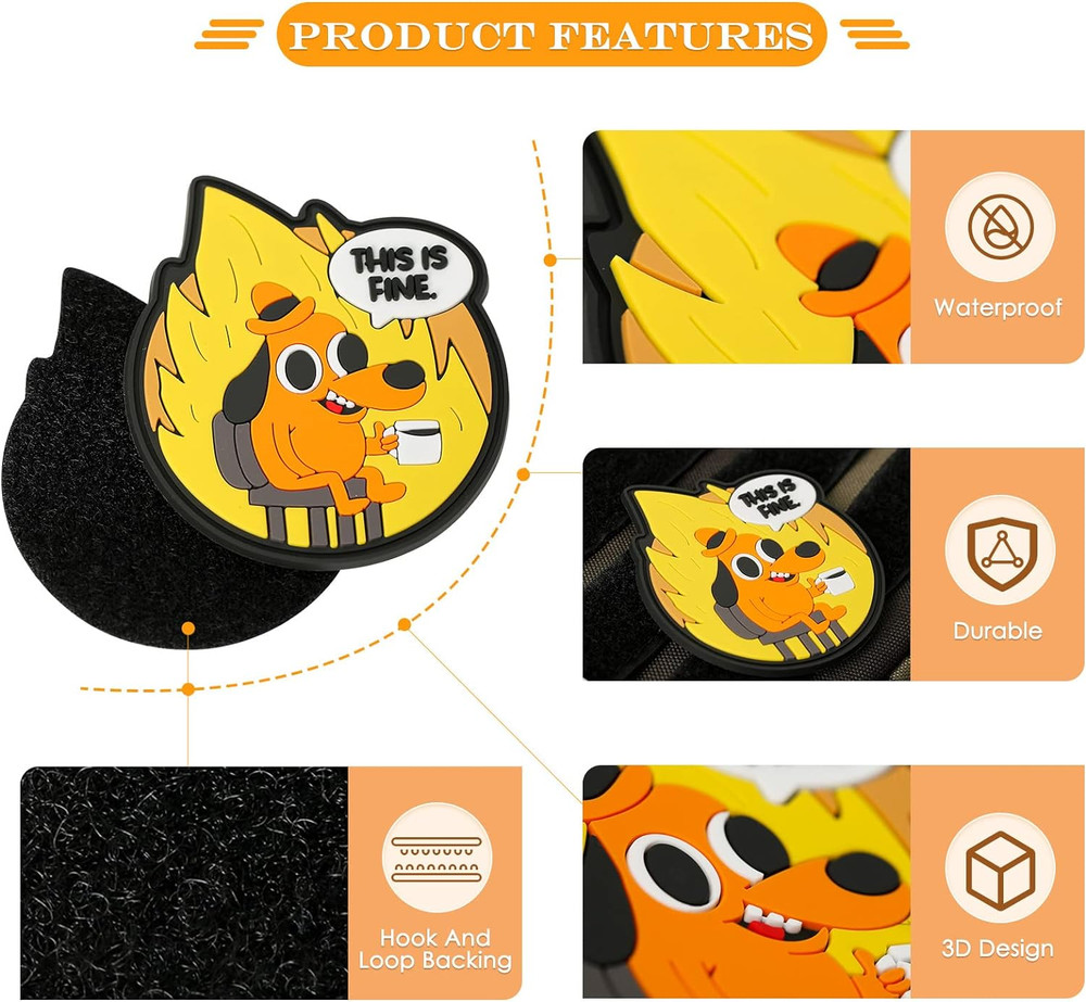This Is Fine Dog PVC Patch, 1 Pc PVC Rubber Meme Morale Patch with Hook and Loop