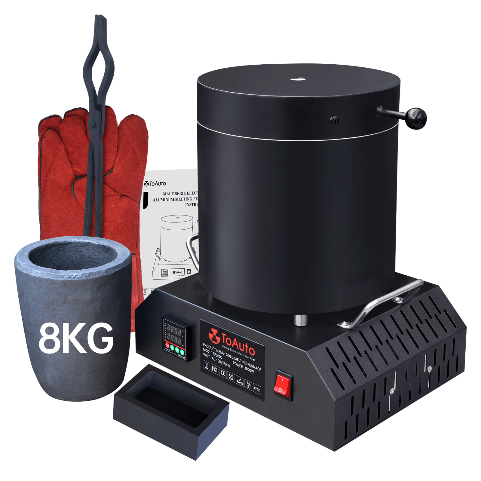 TOAUTO 8KG Electric Aluminum Melting Furnace 1800W Smelter Temperature Control