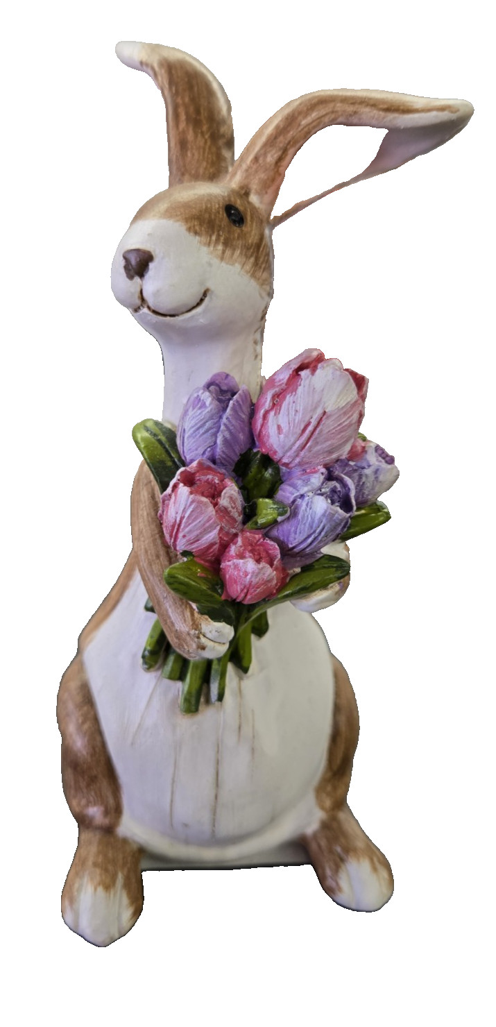 6" Easter Bunny Figurine Resin Rabbit Sculpture with Pink and Purple flowers