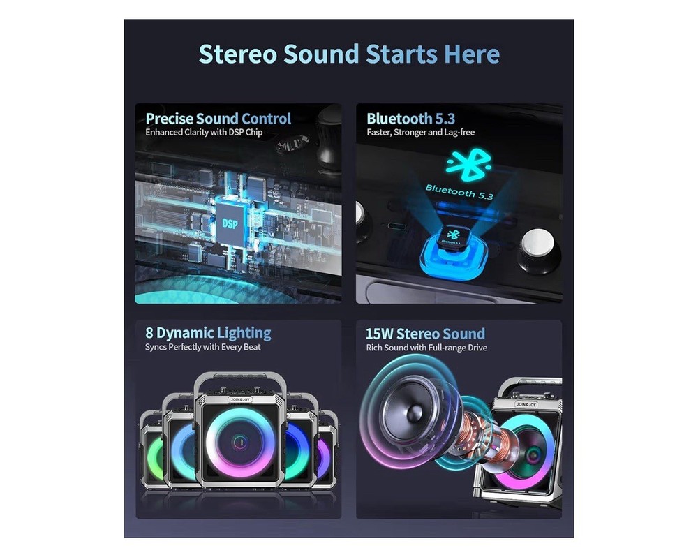 Portable Karaoke Machine Wireless Microphones Bluetooth Speaker LED Lights TT