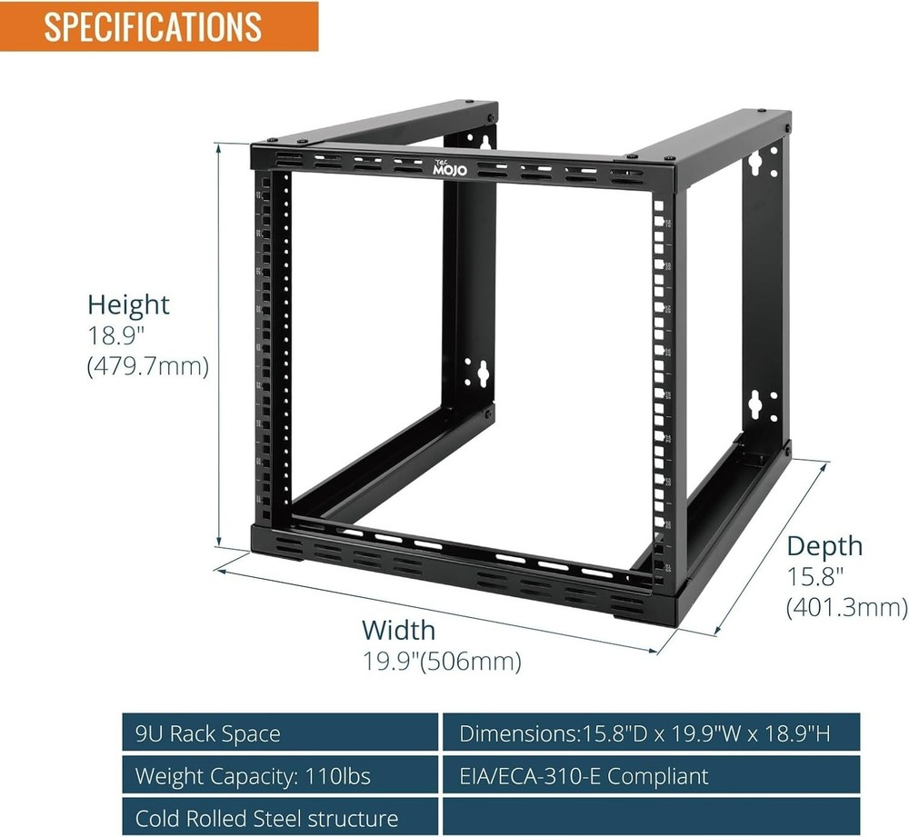 Tecmojo 9U Fixed Wall Mount Network Rack 15.8inch Depth Open Frame#1222TR1