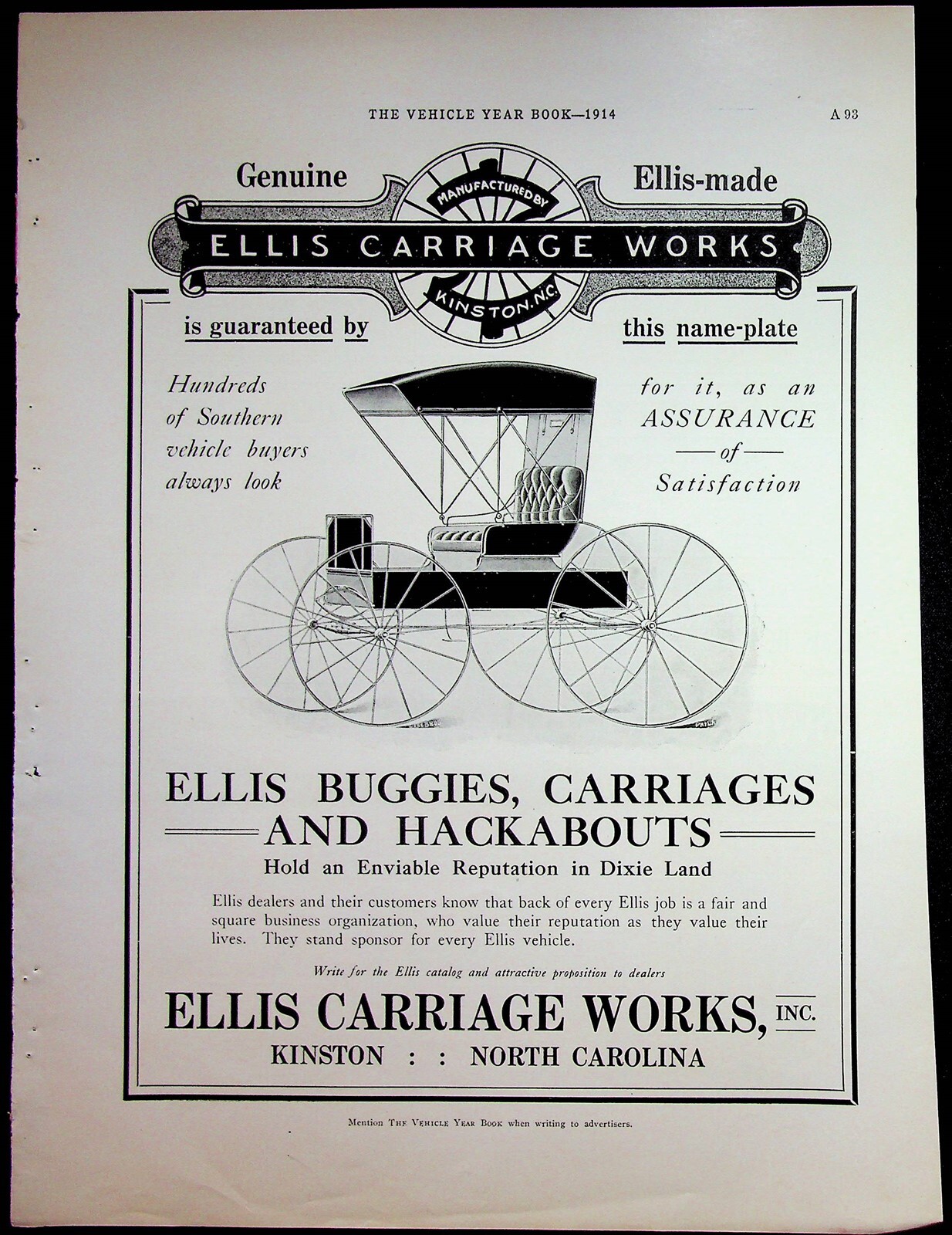 Ellis Carriage Works Kinston North Carolina Buggy Carriage Ad 1914