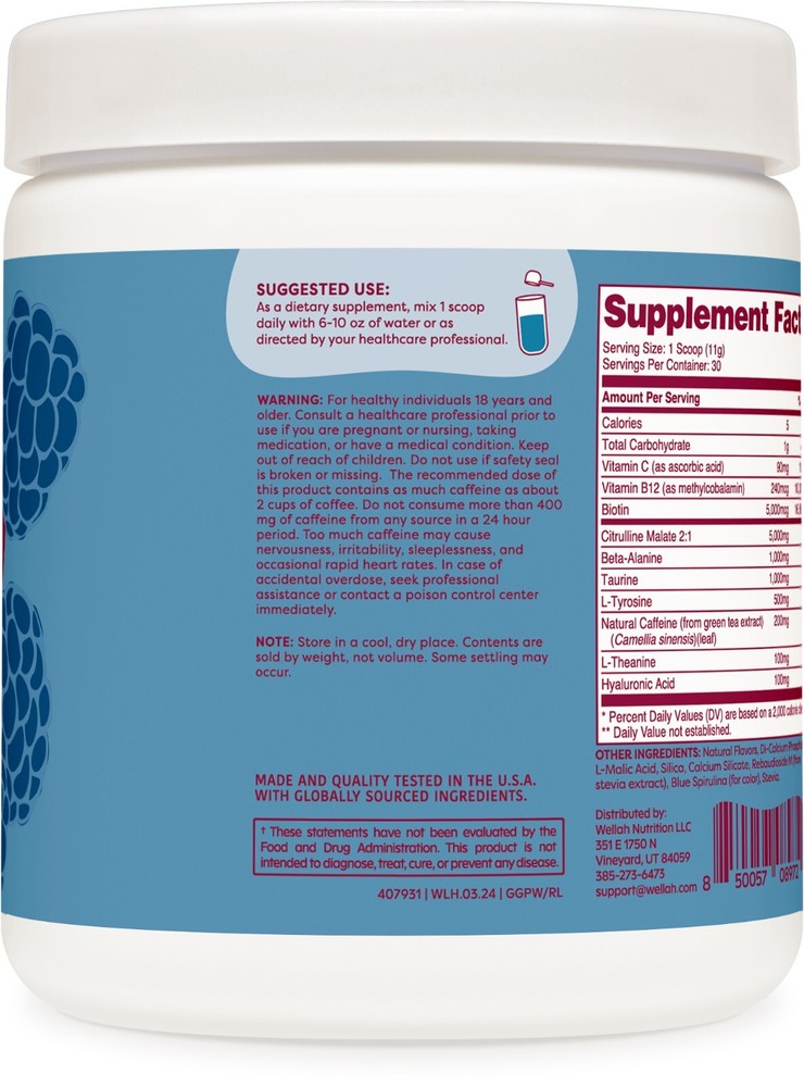 Wellah Get-Going Pre-Workout Drink Mix (Blue Raspberry) - 200mg Natural Caffeine