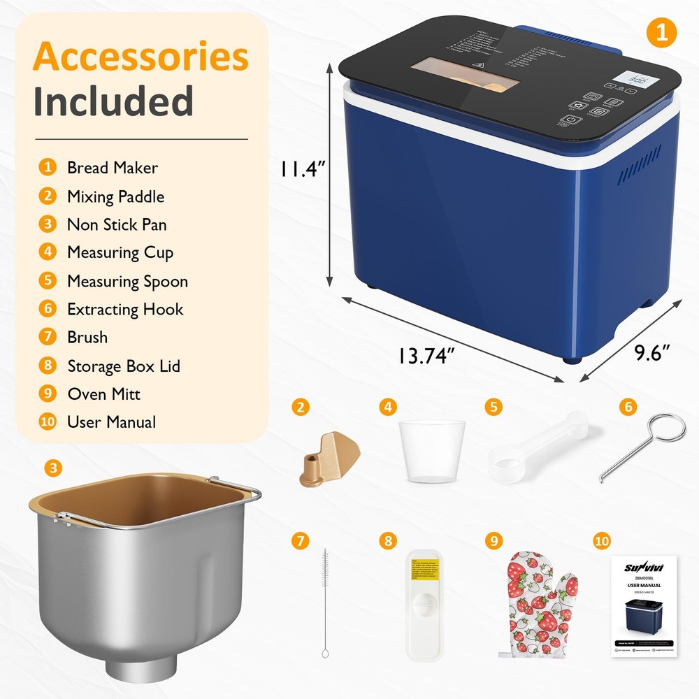 21-in-1 Programmable Bread Machine, 2.2LB Break Maker with Nonstick Pan & Dig...