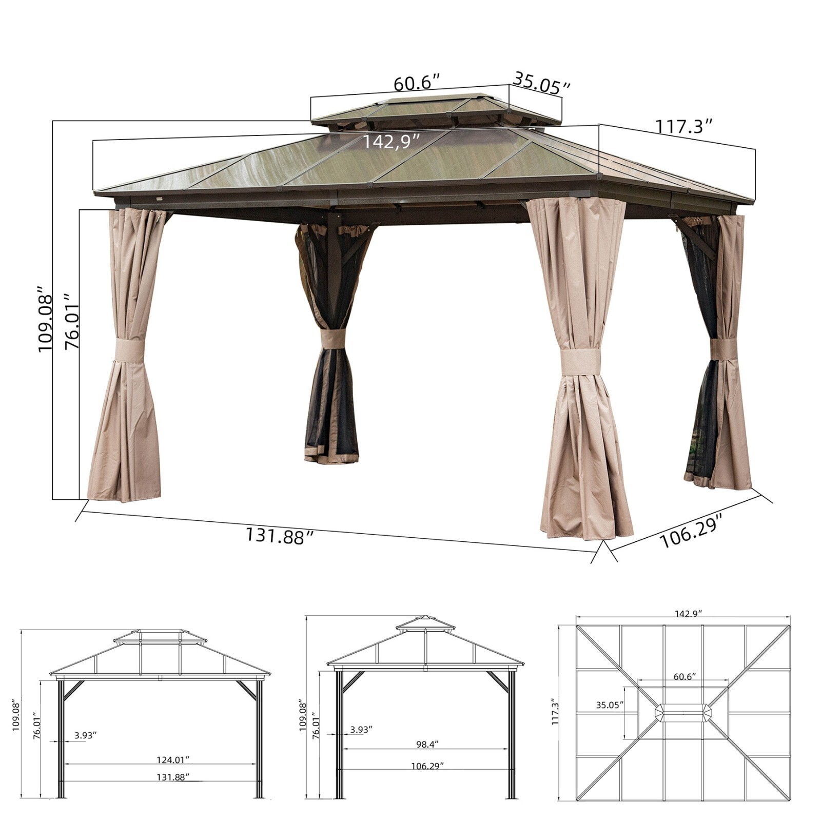 Domi 10x12ft Hardtop Gazebo Double Polycarbonate Roof Canopy W/Curtains and Net