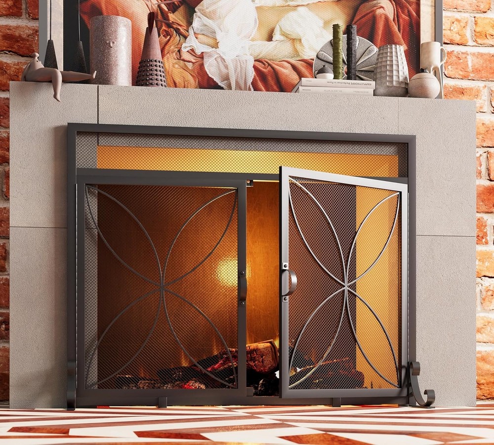 Fireplace Screen W/ Magnetic Doors,Handcrafted Wrought Iron Classical Scroll