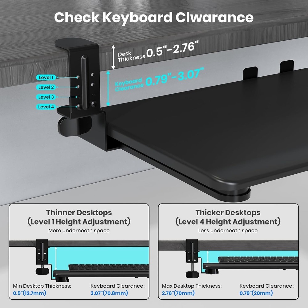 Keyboard Tray Under Desk, Pull Out Keyboard & Mouse Tray with Adjustable C-Clamp