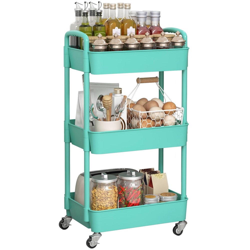 3-Tier Plastic Rolling Utility Cart with Handle, Multi-Functional Storage