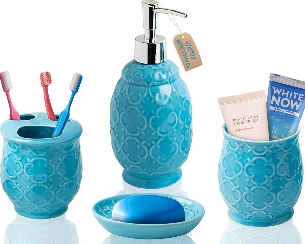 4-Piece Bathroom Accessory Set - Ceramic Bath Set with Blue Glossy Finis