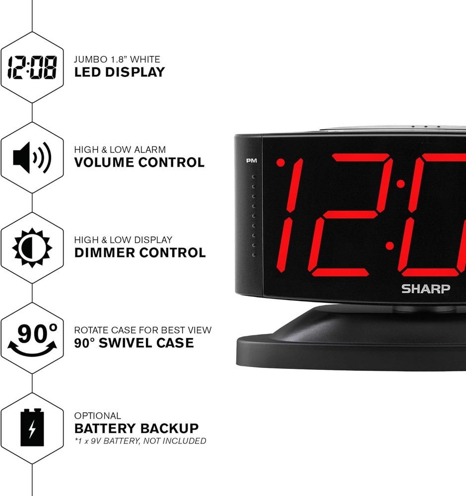 SHARP Home LED Digital Alarm Clock – Swivel Base - Outlet Powered, Simple