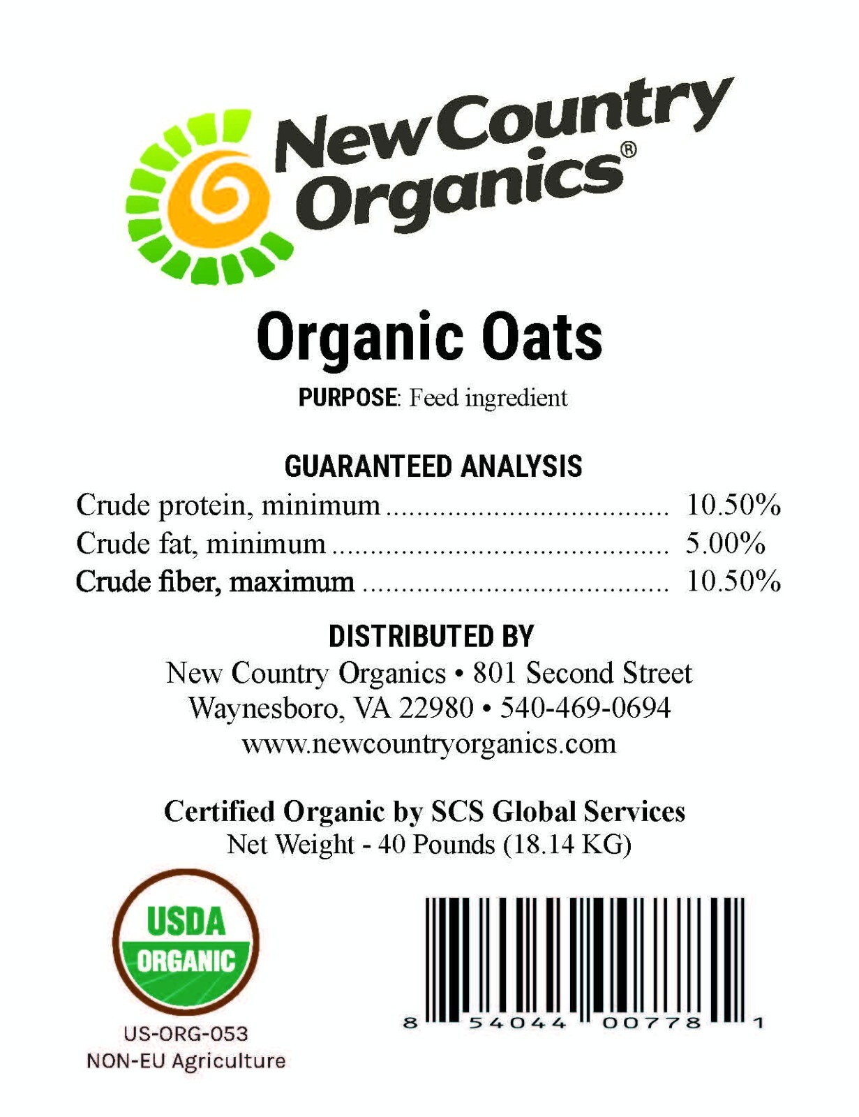 New Country Organics | Organic Oats 40lb | Feed Grade