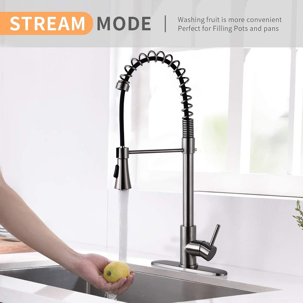 Pull Down Kitchen Sink Faucet Swivel Single Handle with Deck Plate Brushed
