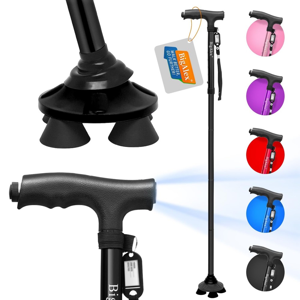 BigAlex Folding Walking Cane with LED Light,Pivoting Quad Base,Adjustable Walkin