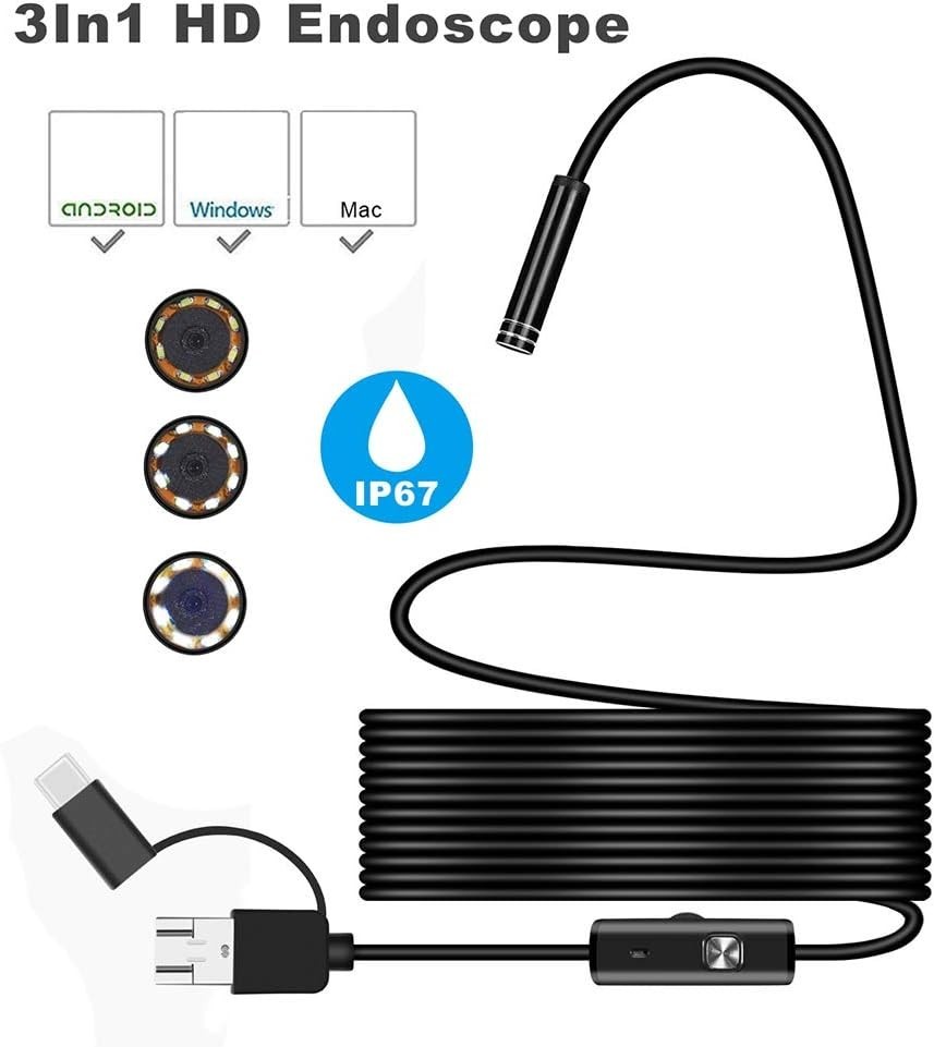 3 in 1 Endoscope Inspection Camera Borescope HD Camera Waterproof Snake Pipe ...