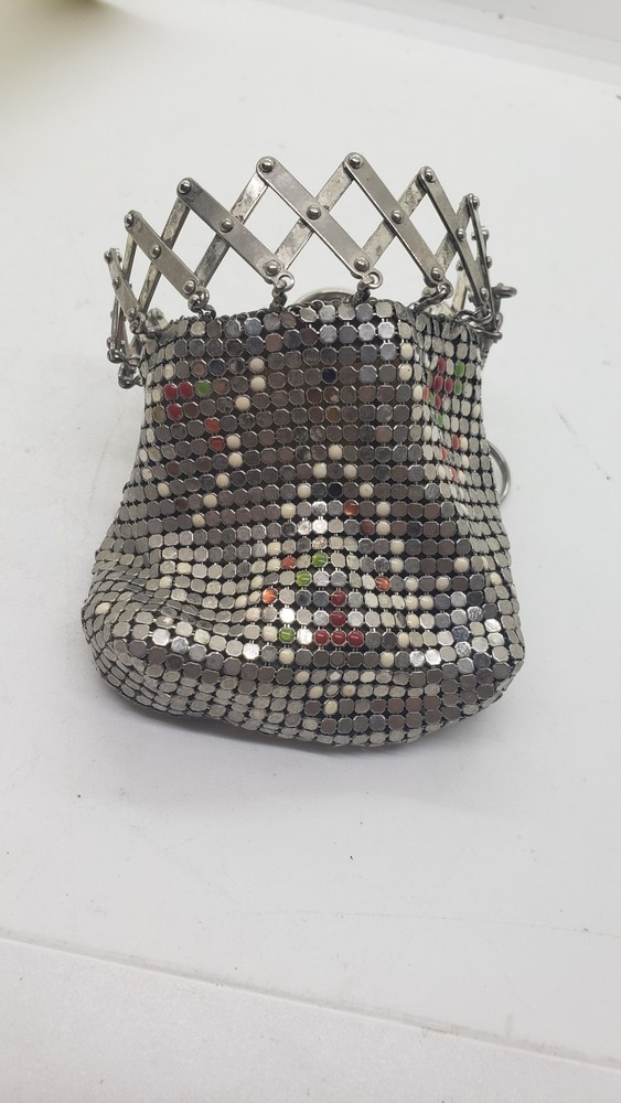 Vintage chatelaine Silver Mesh Coin Purse Compact Expanding Frame Enamel Accent