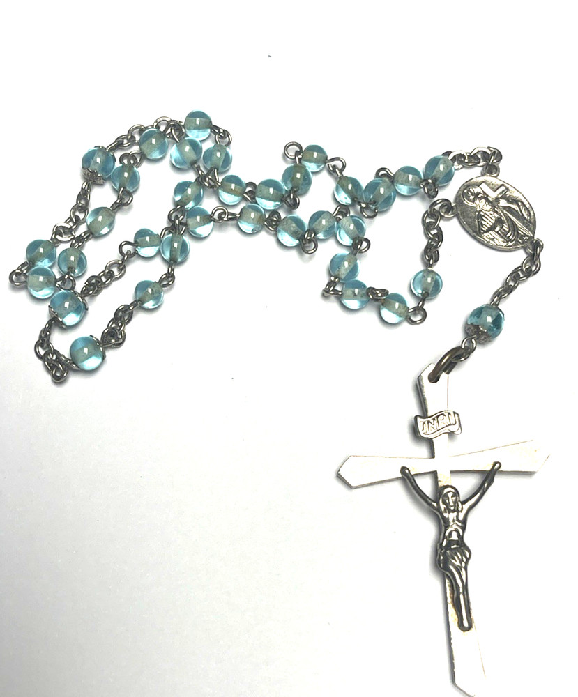 Light Blue Silvertone Christian Catholic Rosary Bead Necklace