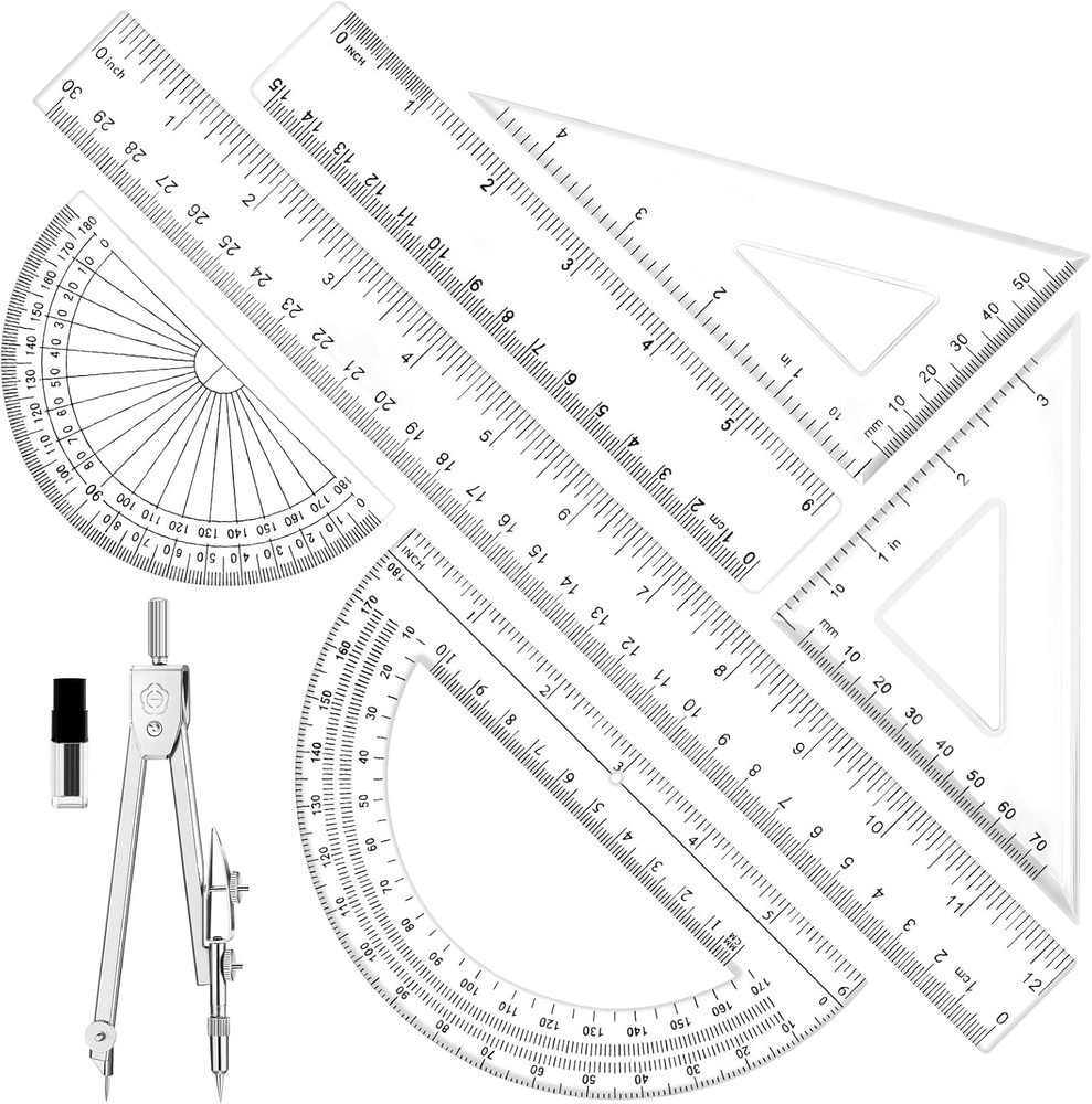 Geometry Set - 7Pcs Geometry Kit with Clear Plastic Ruler 12Inch & 6Inch,