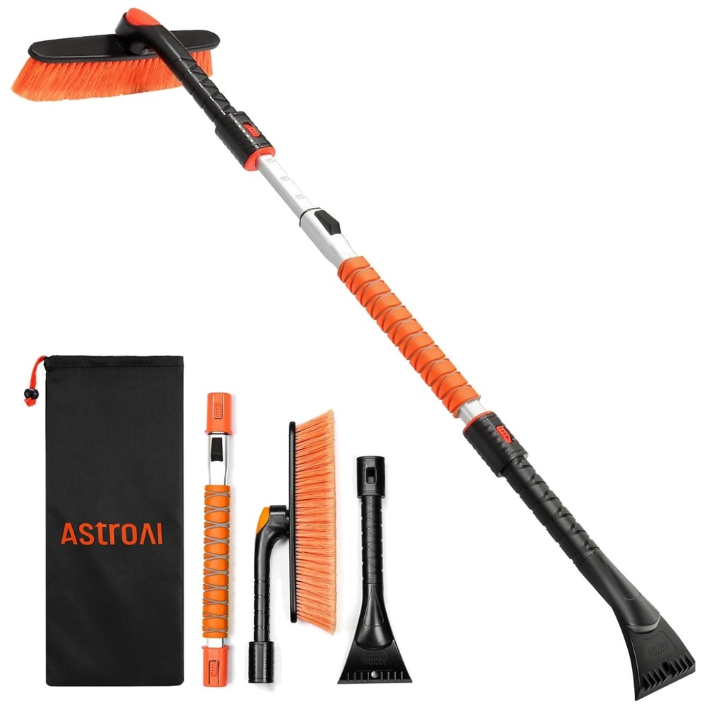 Multi-Function Ice Scraper and Snow Brush – 47.2” Adjustable Tool in Orange