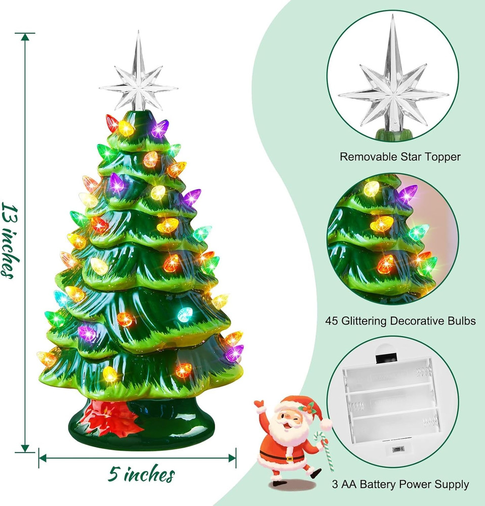 13 Inch Ceramic Christmas Tree, Pre-Lit Tabletop Christmas Tree with Multicolore