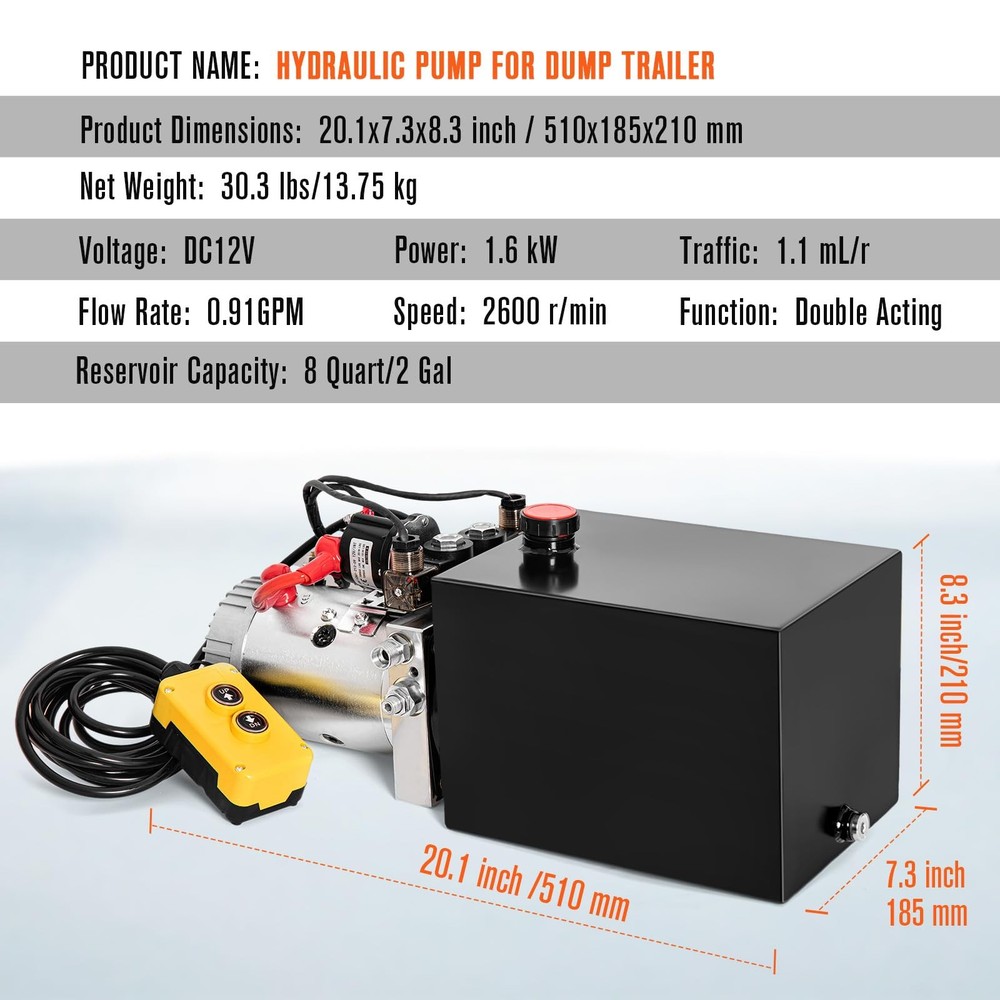 Hydraulic Pump 12V Dump Trailer Pump Hydraulic Power Unit 8 Quart Double Act...