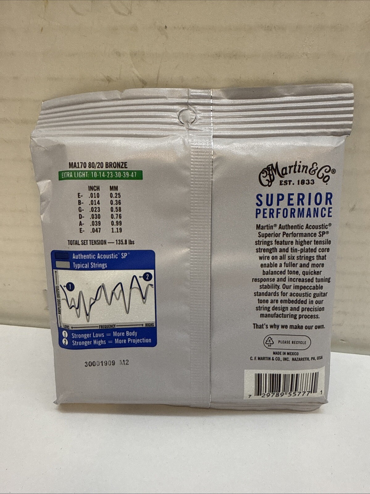 Martin MA170 Authentic Acoustic SP 80/20 Bronze Guitar Strings, Extra Light