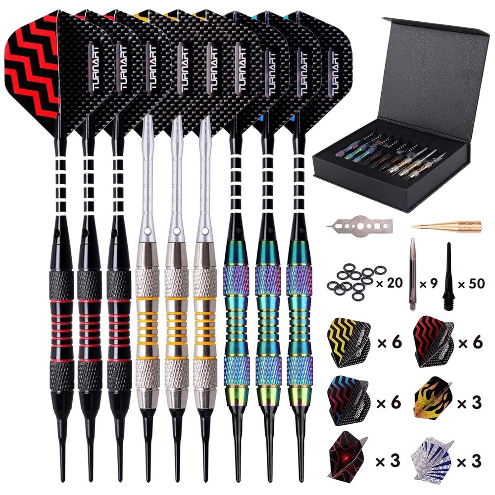 Complete Soft Tip Darts Set: 9 Pcs, 50 Tips &  Gift Packaging for Players