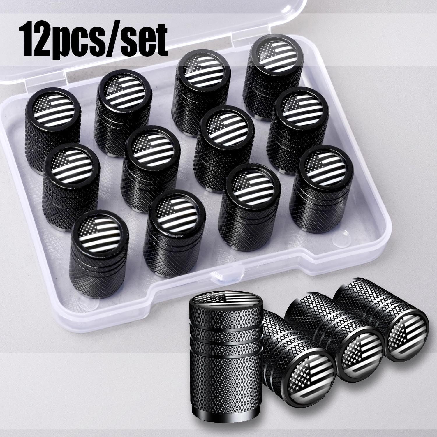 American Flag Tire Valve Stem Caps, Aluminum USA Black White (12 Pack)