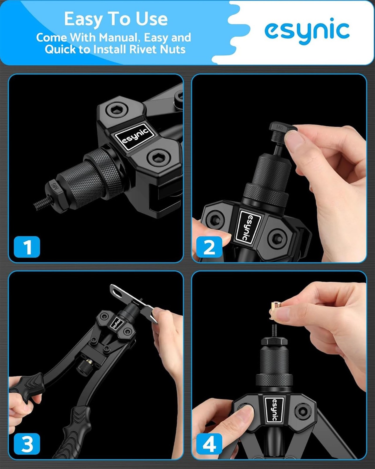 eSynic Durable Rivet Nut Gun Tool High Efficiency Rivnut Gun Kit with 3 Size ...