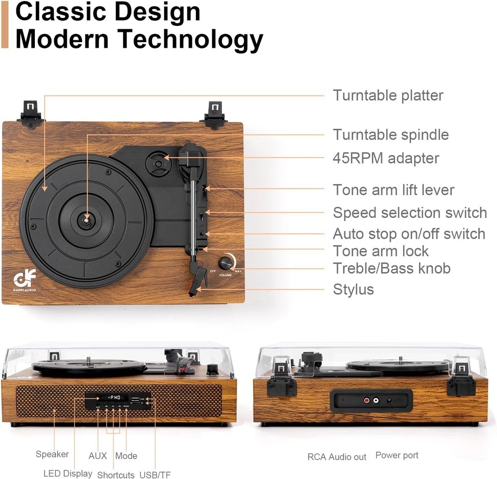 Bluetooth Record Player - 3 Speed Turntable with Built-In Speaker USB Recording