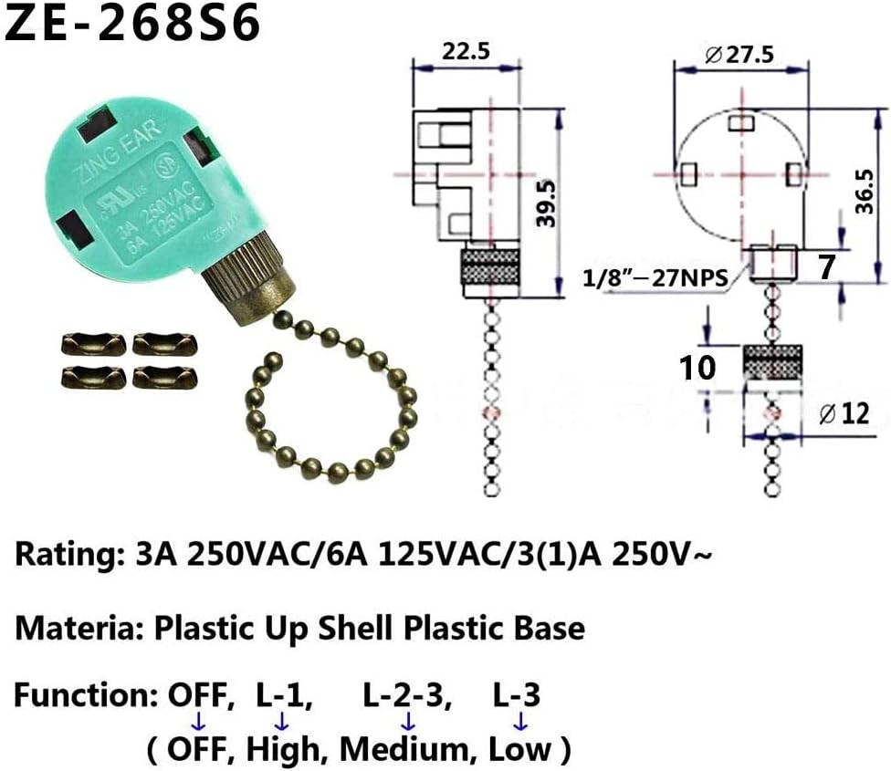 Zing Ear ZE-268S6 Ceiling Fan Pull Chain Switch 3-Speed 4-Wire Bronze