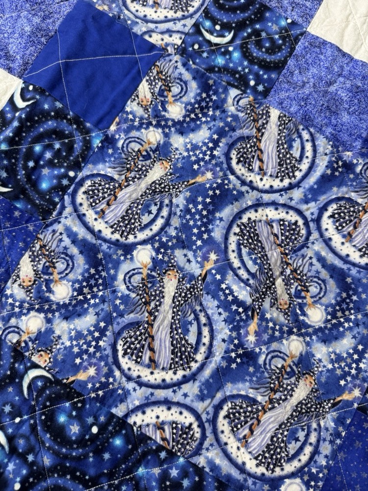 Handmade Modern Quilt Blue Celestial Wizard 9 Square Flannel Back Queen Signed
